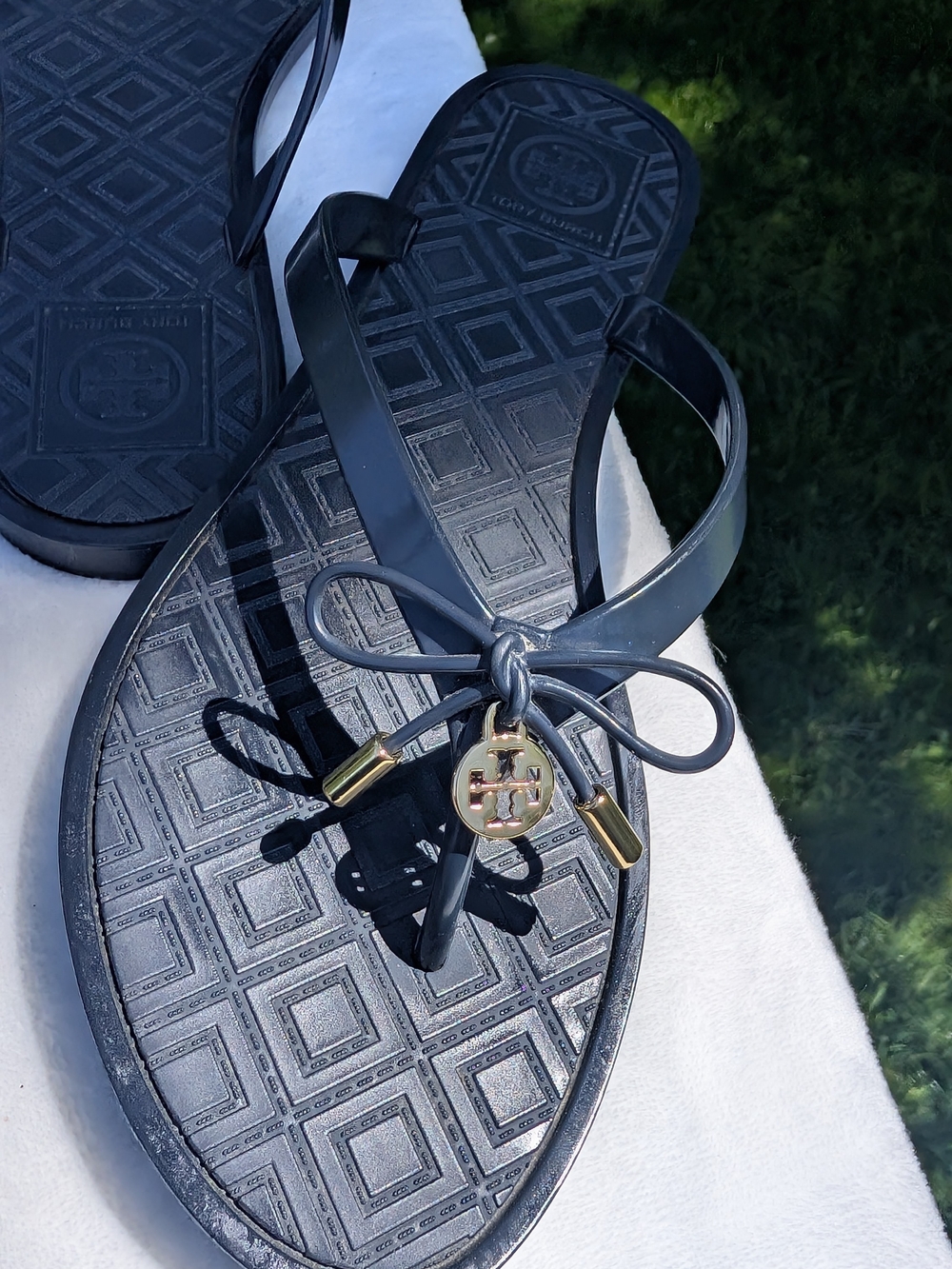 Tory Burch Blue Bow Jelly Sandals with Gold Logo Charm